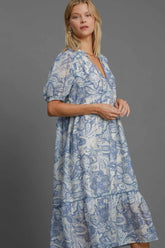 Umgee Full Size Printed Puff Short Sleeve Midi Dress Plus Size OutfitFlow